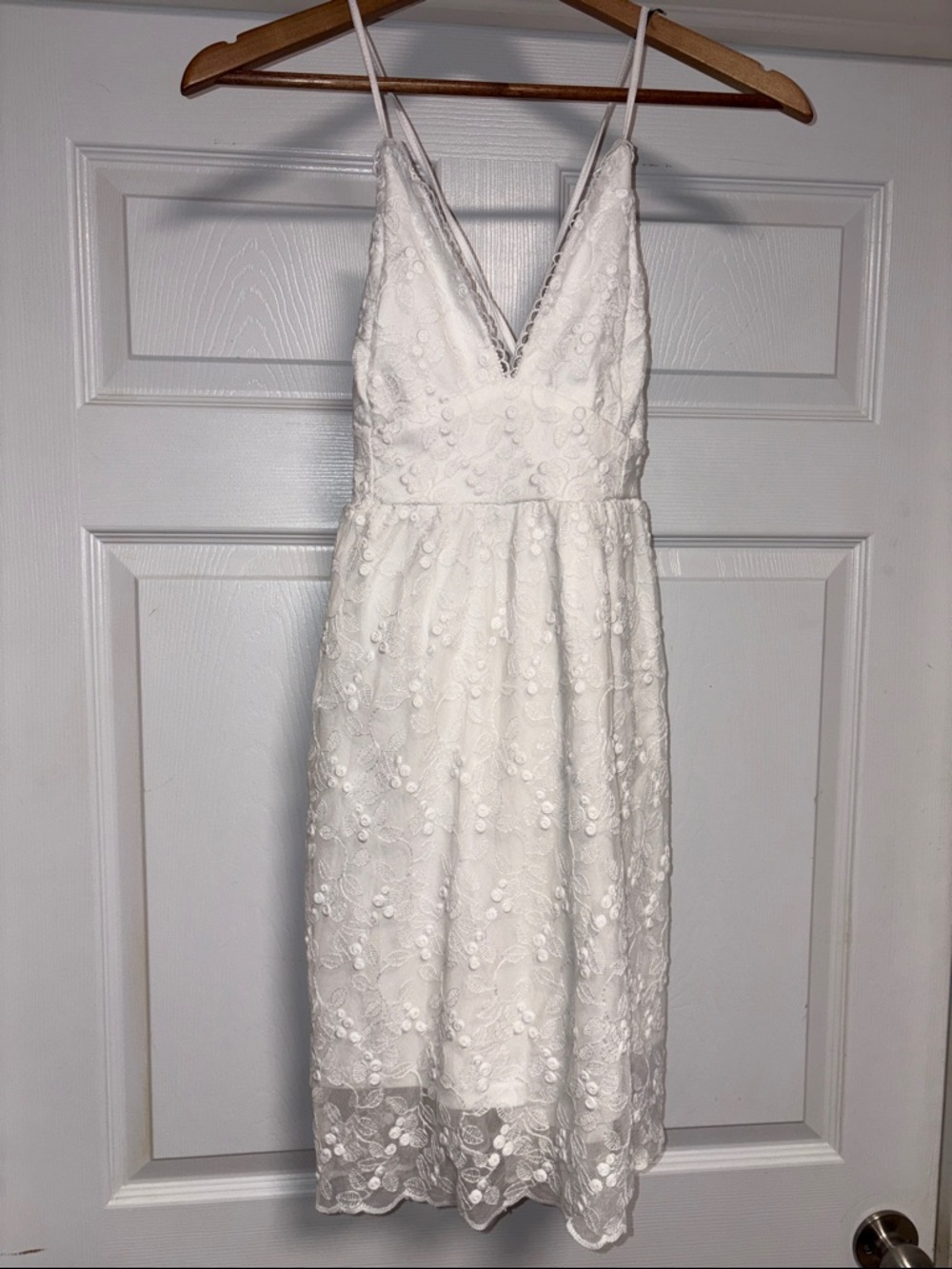 Ivory Floral Lace V-Neck Midi Dress with Spaghetti Straps
